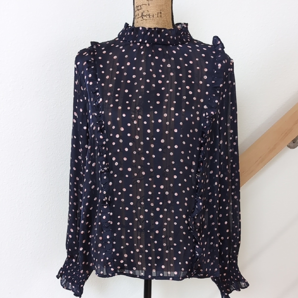 NWT FRNCH Navy Polka Dot Ruffle Blouse